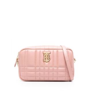 【BURBERRY 巴寶莉】專櫃經典款 LOLA金字LOGO格紋絎縫設計小羊皮拉鍊式斜揹包(雙色可選)