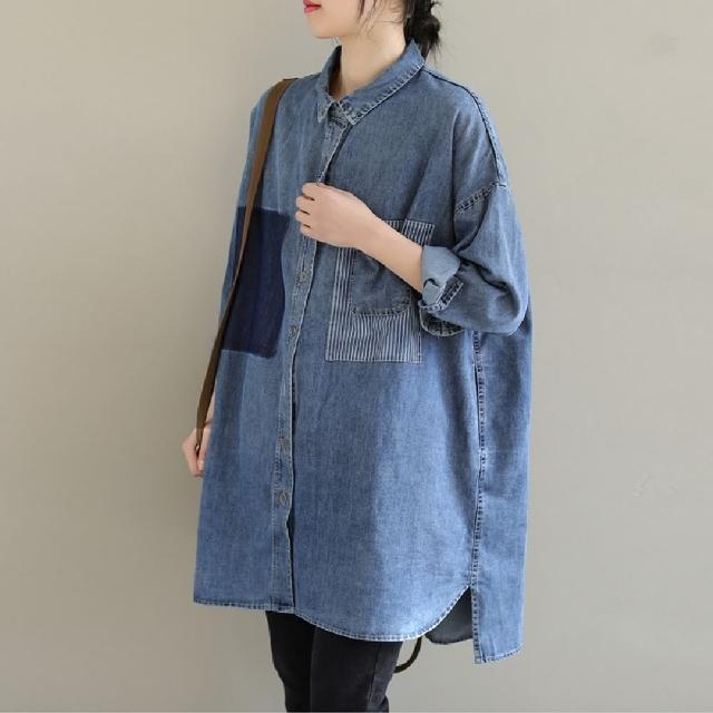 【巴黎精品】牛仔襯衫長袖上衣(翻領拼接條紋口袋女a1bt57)