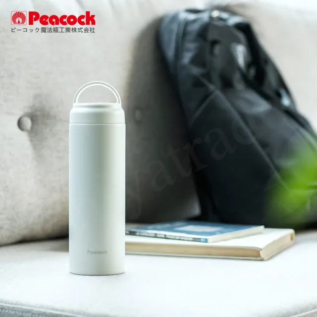 【Peacock 日本孔雀】不鏽鋼 手提式City城市休閒 保冷保溫杯600ML-米白(提把設計)(保溫瓶)