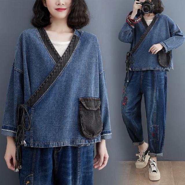【巴黎精品】現貨+預購 牛仔襯衫長袖上衣(交疊繫繩V領寬鬆女裝a1bt53)
