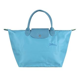 【LONGCHAMP】LONGCHAMP LE PLIAGE GREEN刺繡LOGO再生尼龍摺疊款拉鍊手提水餃包(中/雷雨藍)
