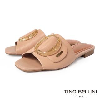 【TINO BELLINI 貝里尼】巴西進口牛皮寬頻透明壓花飾釦平底涼拖鞋FSQV004(藕粉)