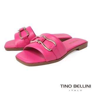 【TINO BELLINI 貝里尼】巴西進口牛皮寬帶馬銜釦平底涼拖鞋FSQT005(桃紅)