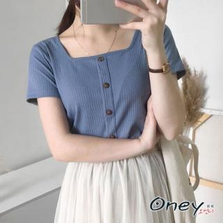 【ONEY 歐妮】★清新百搭小方領純色短版上衣(春夏/短袖上衣/短版T恤/方領設計)