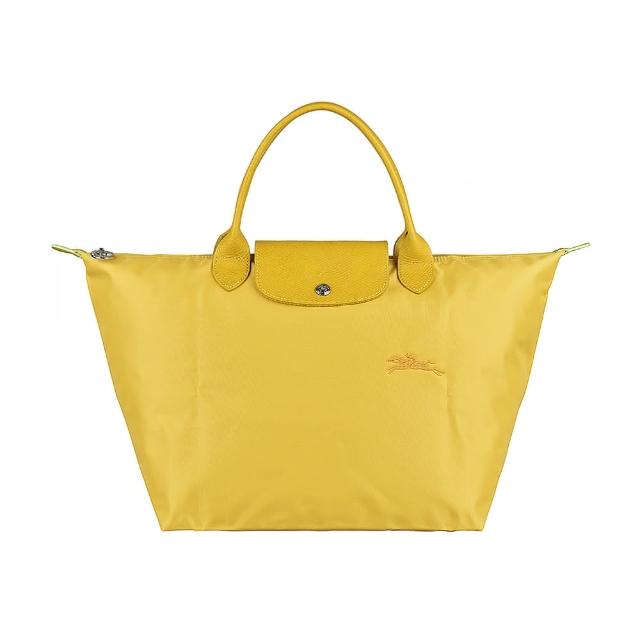 【LONGCHAMP】LONGCHAMP LE PLIAGE GREEN奔馬LOGO再生尼龍摺疊款短把拉鍊手提包(中/粉黃)