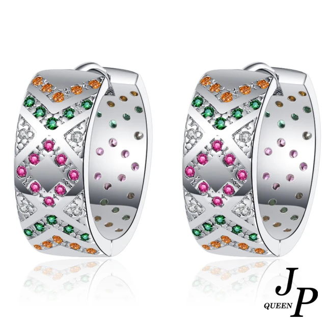 【Jpqueen】拼貼條紋彩鑽設計圈圈耳環(銀色)