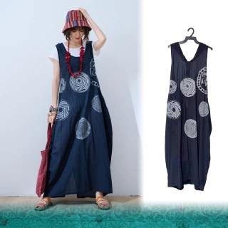 【JILLI-KO】潘克拉-可調節吊帶印花長款連衣裙-F(深藍/深綠/深灰)