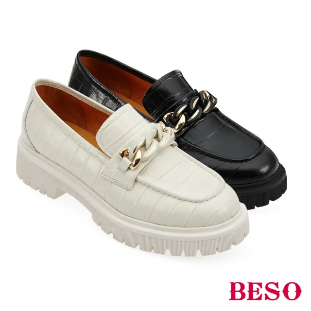 【A.S.O 阿瘦集團】BESO 壓紋牛皮飾釦厚底直套樂福休閒鞋(黑色)