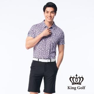 【KING GOLF】速達-網路獨賣款-男款滿版幾何紋印花LOGO燙印涼感短袖POLO衫/高爾夫球衫(紅色)