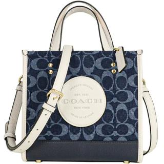 【COACH】Dempsey Tote 22 藍x白皮革圓標LOGO香布蕾織紋布小款手提斜背方型包