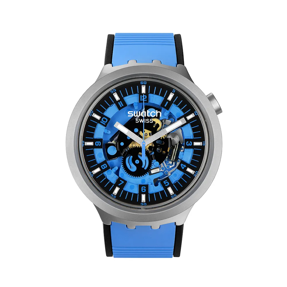 【SWATCH】金屬BIG BOLD系列手錶 BLUE DAZE 迷霧藍 男錶 女錶 手錶 瑞士錶 錶(47mm)
