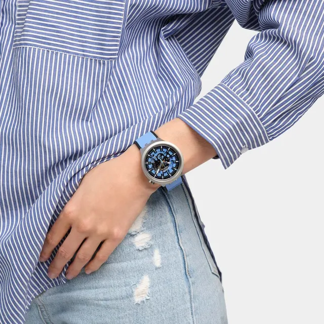 【SWATCH】AZURE BLUE DAZE 大錶面金屬手錶/男錶/女錶/瑞士製造 SB07S106(47mm)