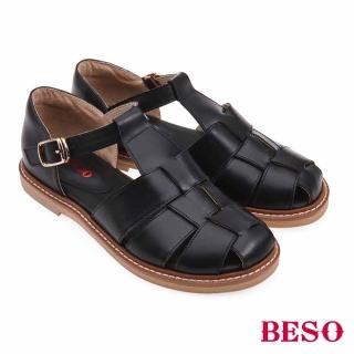 【A.S.O 阿瘦集團】BESO 質感牛皮魚骨編織大圓楦低跟鞋(黑色)