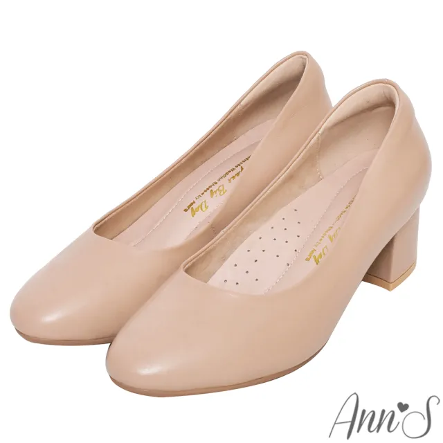 【Ann’S】Ann’S最美制服鞋-頂級小羊皮素面圓頭粗跟包鞋5cm(粉)