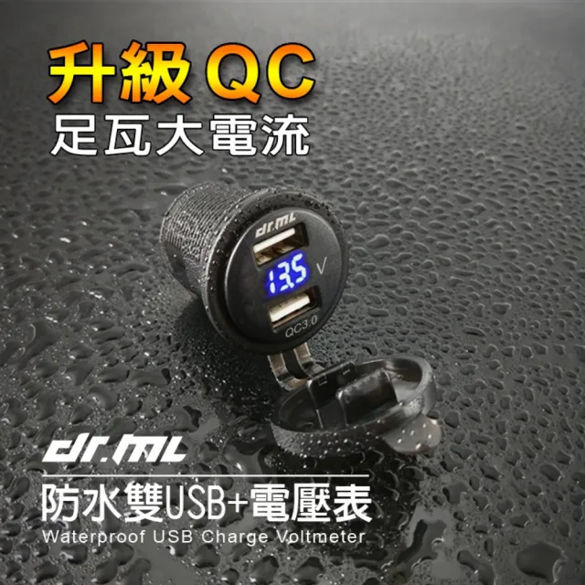 【Dr.ML駒典科技】電壓＋雙QC快充超越4.2A足瓦雙USB充電座(光圈造型 加強防水 保險絲線組 機車USB車充)