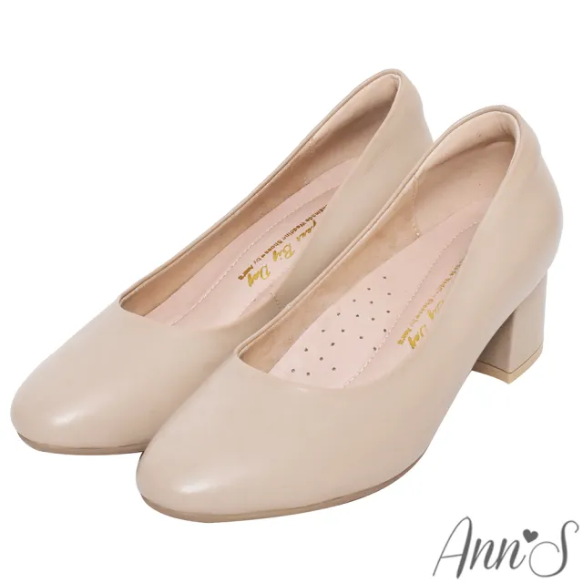 【Ann’S】Ann’S最美制服鞋-頂級小羊皮素面圓頭粗跟包鞋5cm(奶茶米)