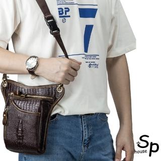 【Sp house】真皮 獨特鱷魚紋全真牛皮單肩斜背男士腰包(咖啡色)