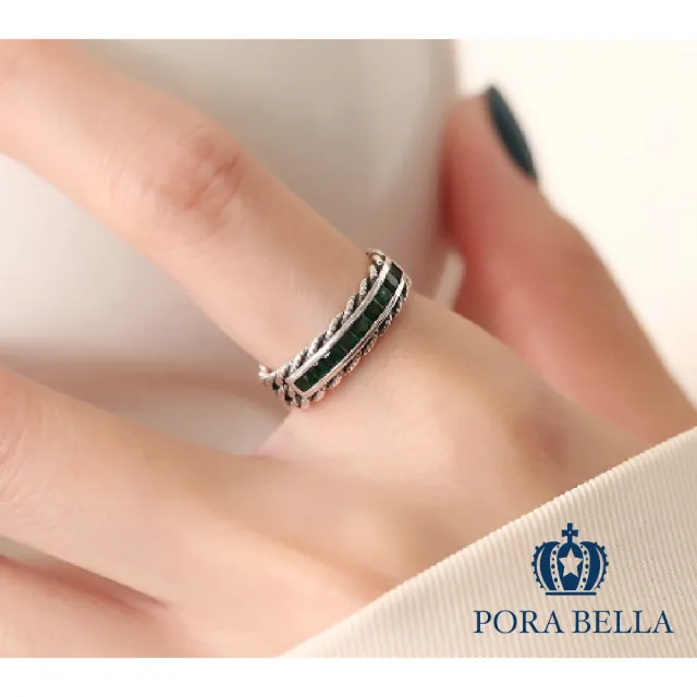 【Porabella】S925純銀祖母綠鋯石編織設計戒指 低調奢華質感 好運戒指 寬版可調節戒指 男女皆可 Rings