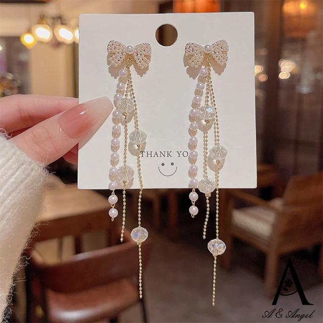 【ANGEL】公主蝴蝶結長流蘇珍珠水晶耳環(金色)