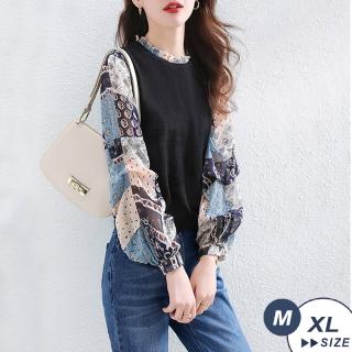 【LANNI 藍尼】★印花拼接假兩件氣質上衣(長袖/泡泡袖/顯瘦)