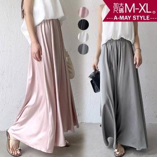 【艾美時尚】中大尺碼女裝 褲裙 冰絲緞面感顯瘦高腰寬褲。S-XL(4色.現貨+預購)
