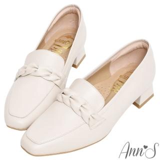 【Ann’S】經典風格MIT-麻花編織綿羊皮真皮粗跟樂福鞋3cm(米)