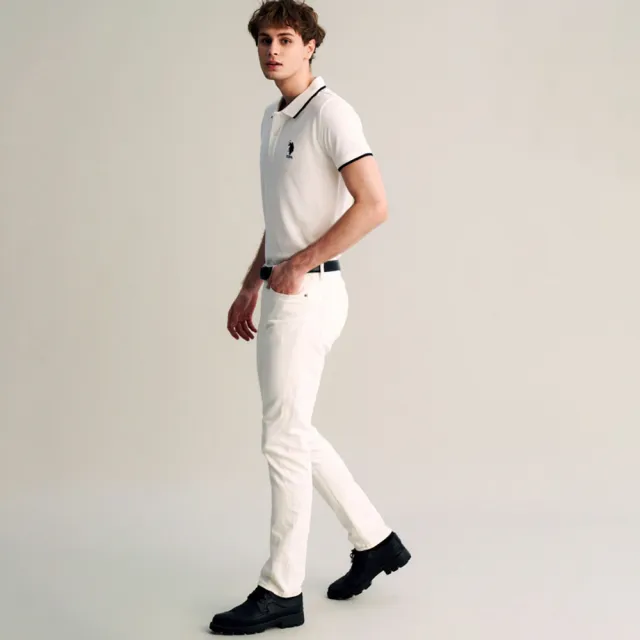 【U.S. POLO ASSN.】男款中馬領片線條短袖POLO衫-白色(100%純棉)