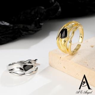【ANGEL】設計線條雙層黑方晶開口彈性戒指(2色可選)