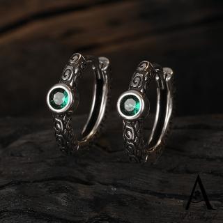 【ANGEL】唐草紋復古泰銀綠晶圈圈耳環(黑銀色)