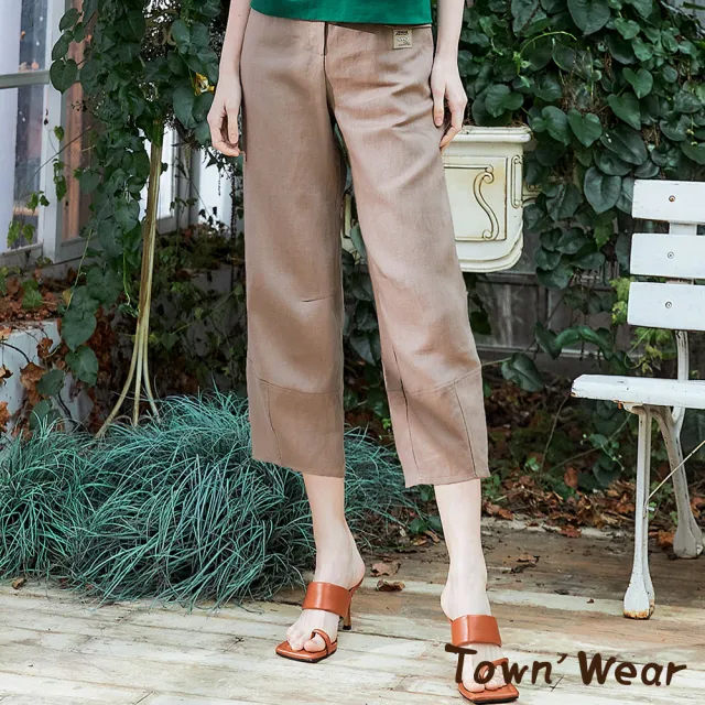 【TOWN’WEAR 棠葳】舒適涼感鈕扣亞麻九分褲 2色(女下著/口袋/鬆緊腰頭/素面)