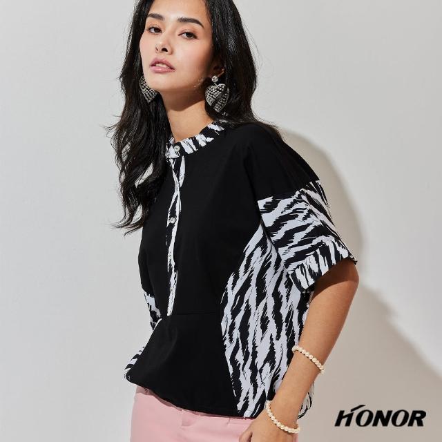 【HONOR 山形屋】斑馬紋大袖口半釦立領上衣(MOMO獨家限定)