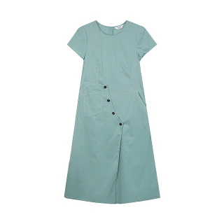 【MYVEGA 麥雪爾】多片剪裁口袋造型長洋裝-藍綠