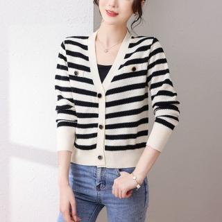 【巴黎精品】現貨+預購 針織外套長袖毛衣(V領撞色條紋寬鬆女裝2色a1ao15)