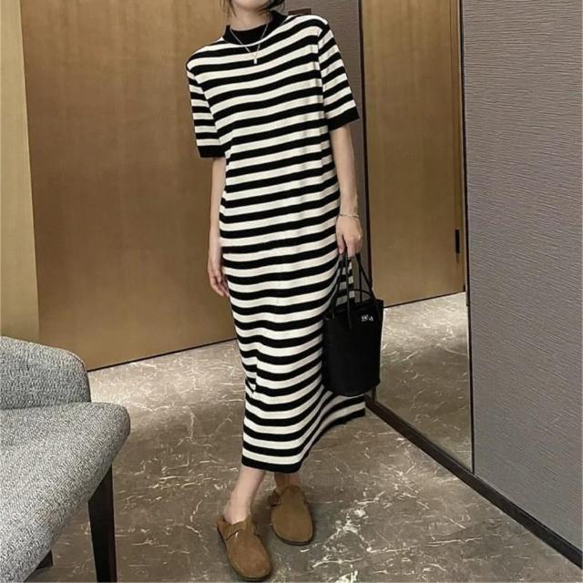 【巴黎精品】現貨+預購 洋裝短袖連身裙(圓領條紋休閒寬鬆女裙子4色a1ao57)