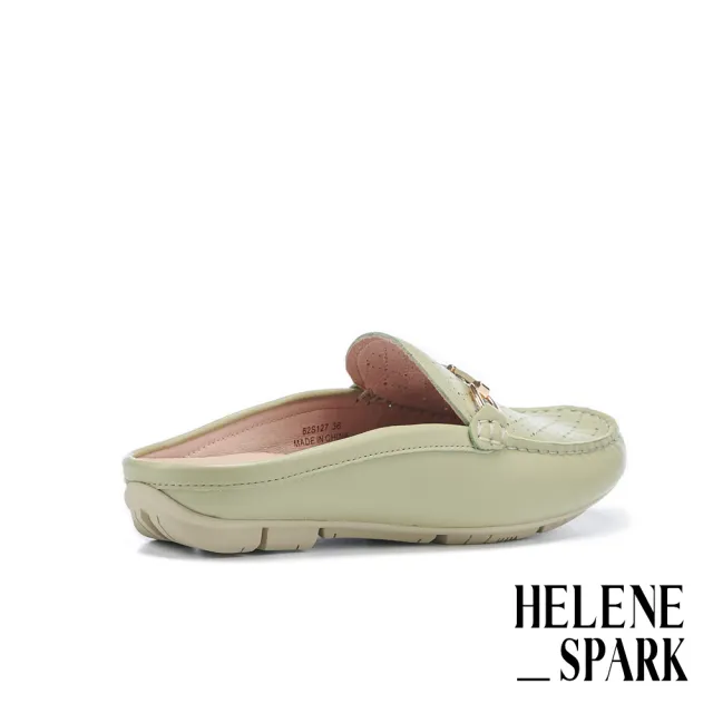 【HELENE_SPARK】簡約日常長釦沖孔全真皮穆勒低跟拖鞋(綠)