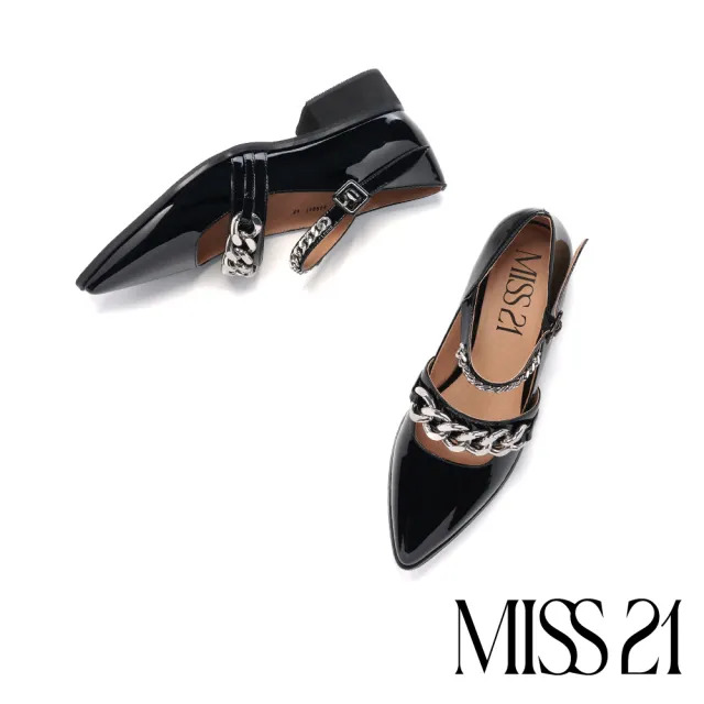 【MISS 21】壞壞個性金屬銀鍊雙繫帶尖頭低跟鞋(黑)