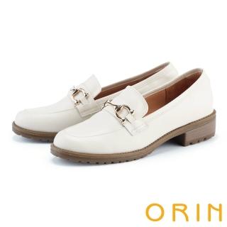 【ORIN】復古馬銜釦牛皮中跟樂福鞋(米白)