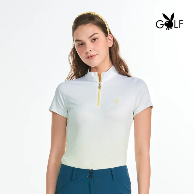 【PLAYBOY GOLF】女款抽象漸層字母立領短袖POLO衫-黃(吸濕排汗/抗UV/高爾夫球衫/KA23120-35)