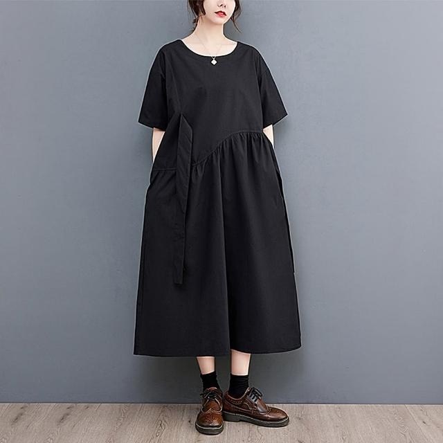 【巴黎精品】現貨+預購 洋裝短袖連身裙(圓領純棉綁帶過膝女裙子a1ap70)