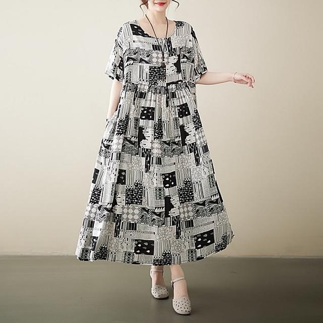 【巴黎精品】現貨+預購 洋裝短袖連身裙(圓領黑白幾何拼接女裙子a1ap88)