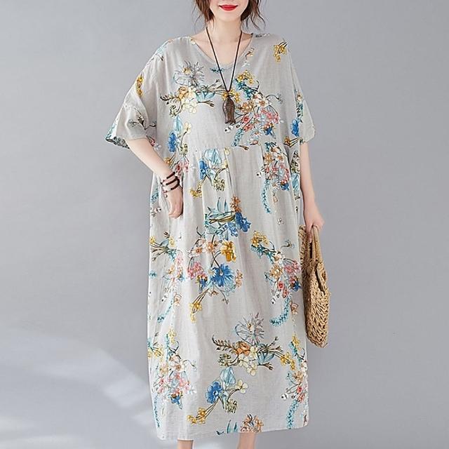 【巴黎精品】現貨+預購 洋裝短袖連身裙(圓領印花寬鬆棉質女裙子a1ap47)