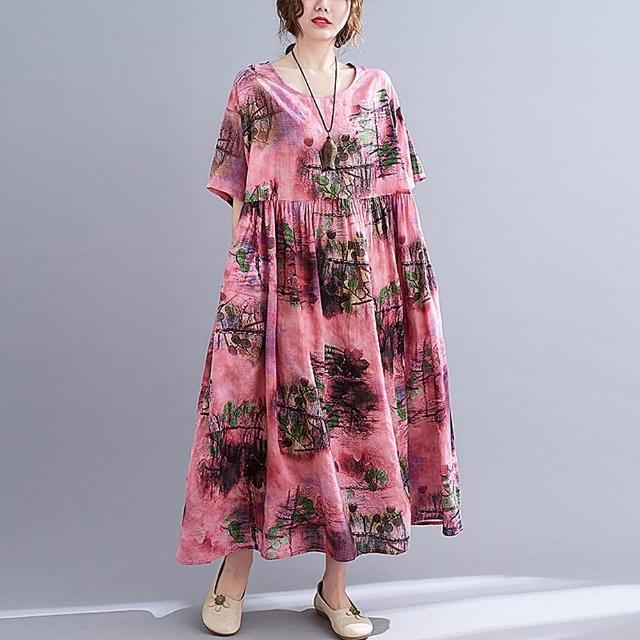 【巴黎精品】現貨+預購 洋裝短袖連身裙(圓領古風河印寬鬆女裙子a1ap87)