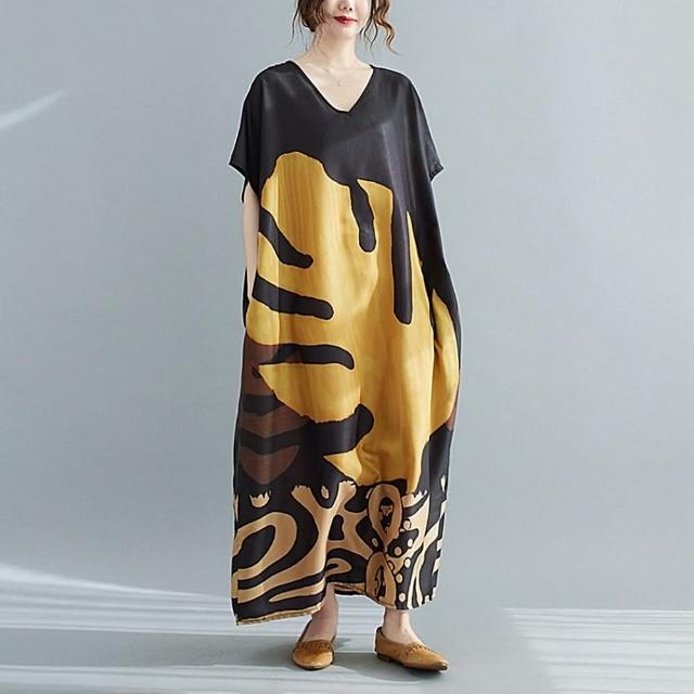 【巴黎精品】現貨+預購 洋裝短袖連身裙(V領葉子印花長款女裙子a1ap32)