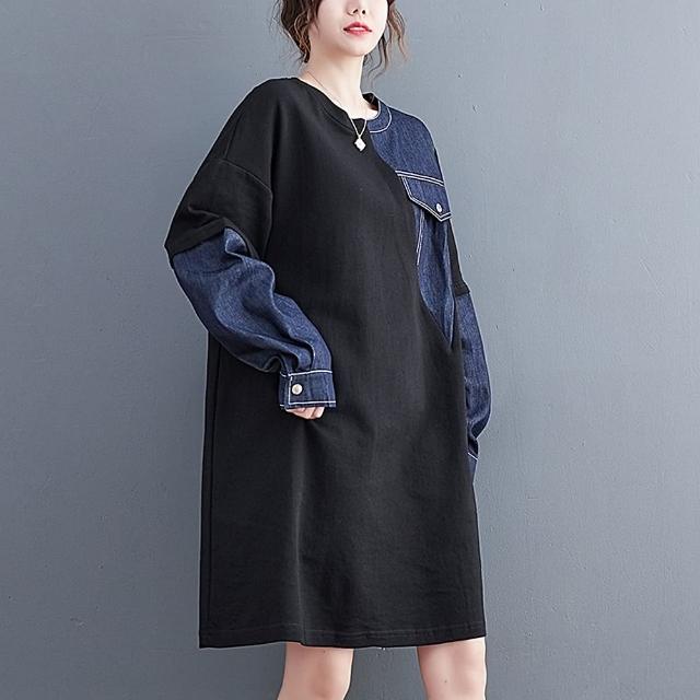 【巴黎精品】現貨+預購 洋裝長袖連身裙(牛仔拼接圓領及膝女裙子a1ap25)