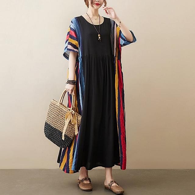 【巴黎精品】現貨+預購 洋裝短袖連身裙(彩條拼接圓領寬鬆女裙子a1ap55)