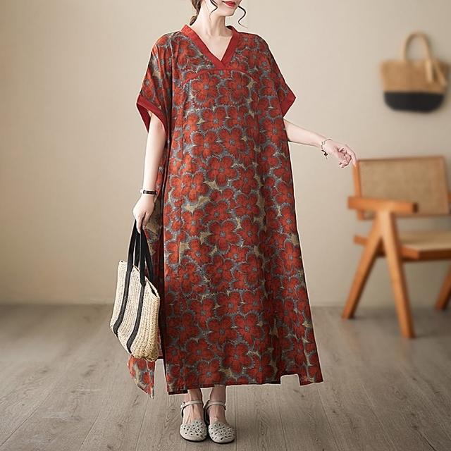 【巴黎精品】現貨+預購 洋裝短袖連身裙(V領紅花寬鬆長版女裙子a1ap86)