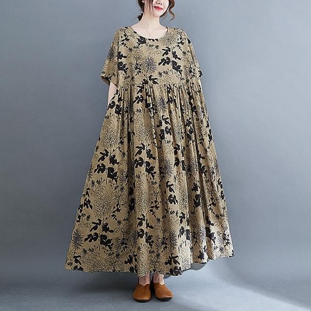 【巴黎精品】現貨+預購 洋裝短袖連身裙(棉麻印花寬鬆長款女裙子a1ap56)