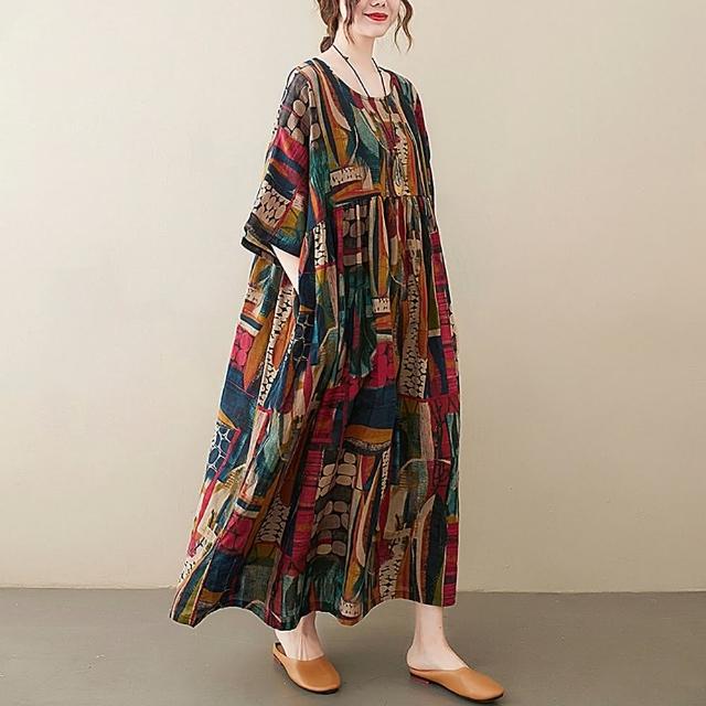 【巴黎精品】現貨+預購 洋裝短袖連身裙(幾何印花拼接寬鬆女裙子a1ap7)