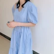【ACheter】韓版簡約氣質純色寬鬆V領麻棉花苞短袖連身裙長版洋裝#116539(3色)