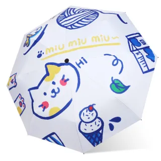 【KISSDIAMOND】日式童趣圖繪晴雨兩用黑膠自動傘(KDU-666/貓咪)